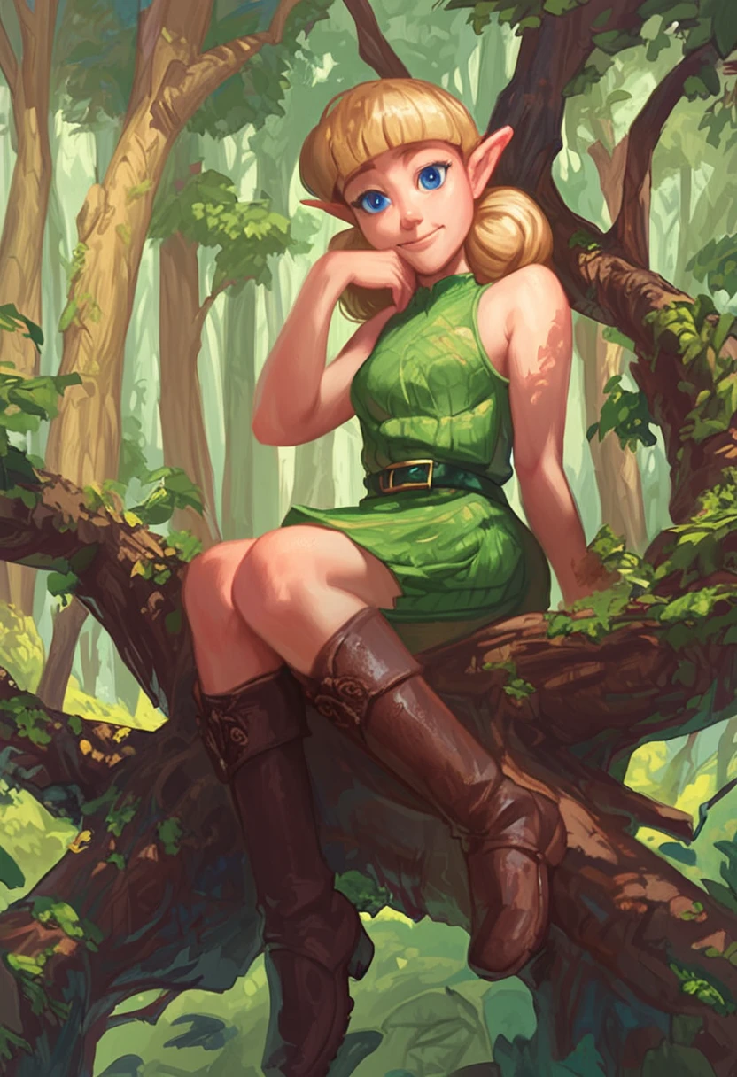 score 9, score 8 up, score 7 up, score 6 up, score 5 up, 
1girl, solo, fado, fadoclothes, blonde hair, sleeveless, bangs, brown boots, smile, resting head, intricate details, detailed, forest, sitting on tree stump, facing viewer,