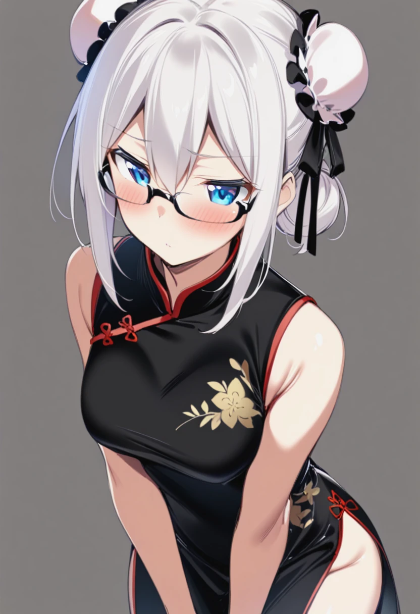 1girl,bare_arms,black-framed_eyewear,black_dress,blue_eyes,blush,breasts,bun_cover,china_dress,chinese_clothes,closed_mouth,double_bun,dress,glasses,grey_background,hair_bun,medium_breasts,short_hair,short_sleeves,simple_background,solo,thighs,<lora:Asutora-chan-xl:1>,asutora-chan,white hair,hair between eyes,long hair,<lora:anime enhancer V3 xl:1>,detailed,skin,texture,masterpiece,