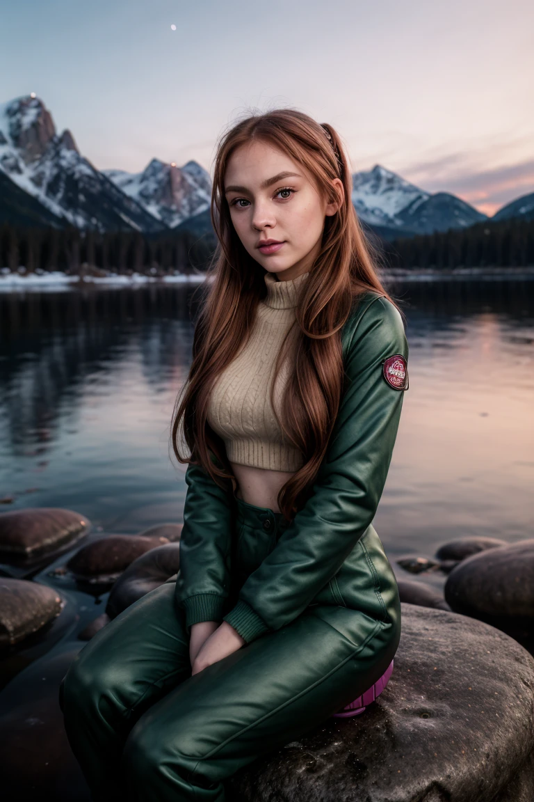 tv_Catherine_MXAI, , , sad expression, wearing a winter coat, wearing winter pants, wearing winter boots, sitting on a rock by a frozen mountain lake, midnight, moonlight, shot from the side,, 8k resolution, highres, high detail, sharp focus, detailed skin, 8k uhd,