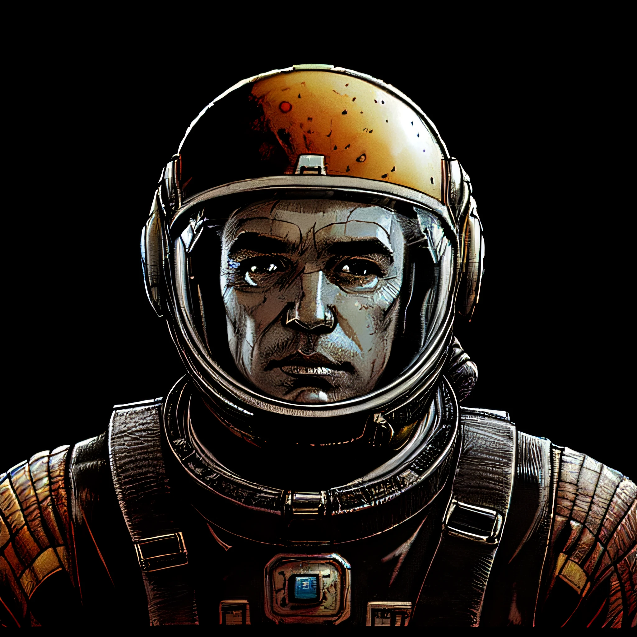 man, space_suit, helmet, space_station, orbit, portrait, male focus,