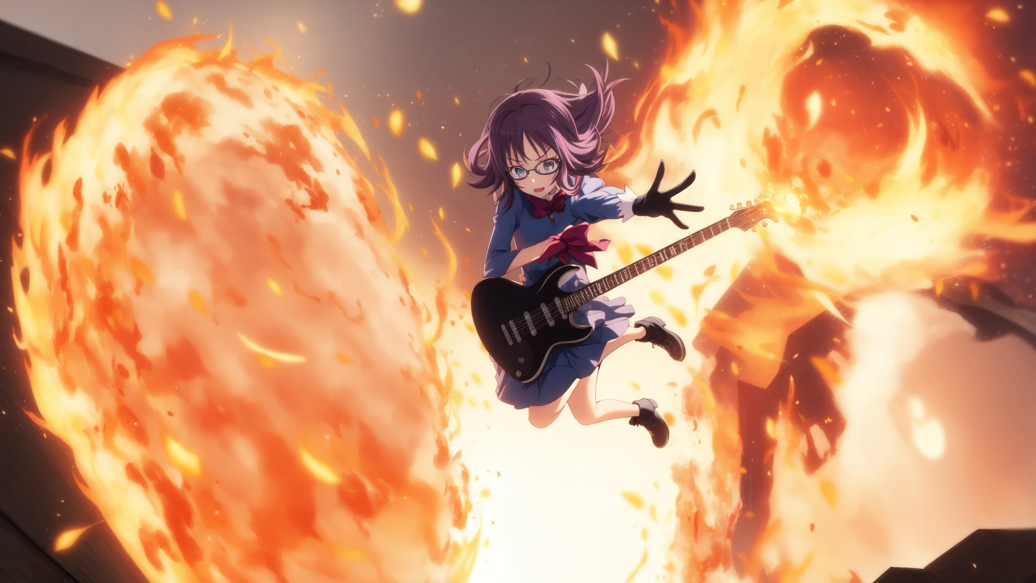 houjousakura, glasses, 1girl, dress, fire, explosion, jumping, gloves, solo, instrument, magical girl, black gloves, black footwear, blue dress, holding guitar