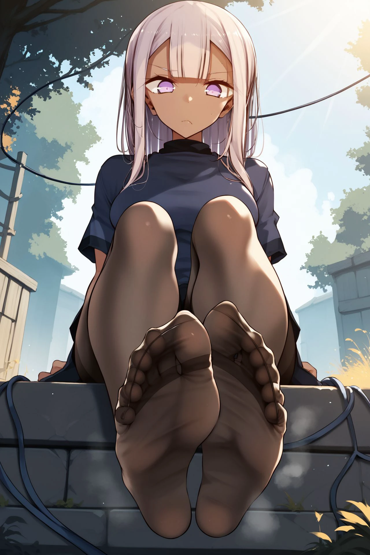 score_9, score_8_up, score_7_up, 1girl, dark skin, pout, golden hair, blunt_bangs, single sidelock, light purple eyes, breasts, foot focus, foreshortening, cable-knit pantyhose, steam, god rays, outdoors, <lora:oouso_PonyXL_style_v01.06:1>