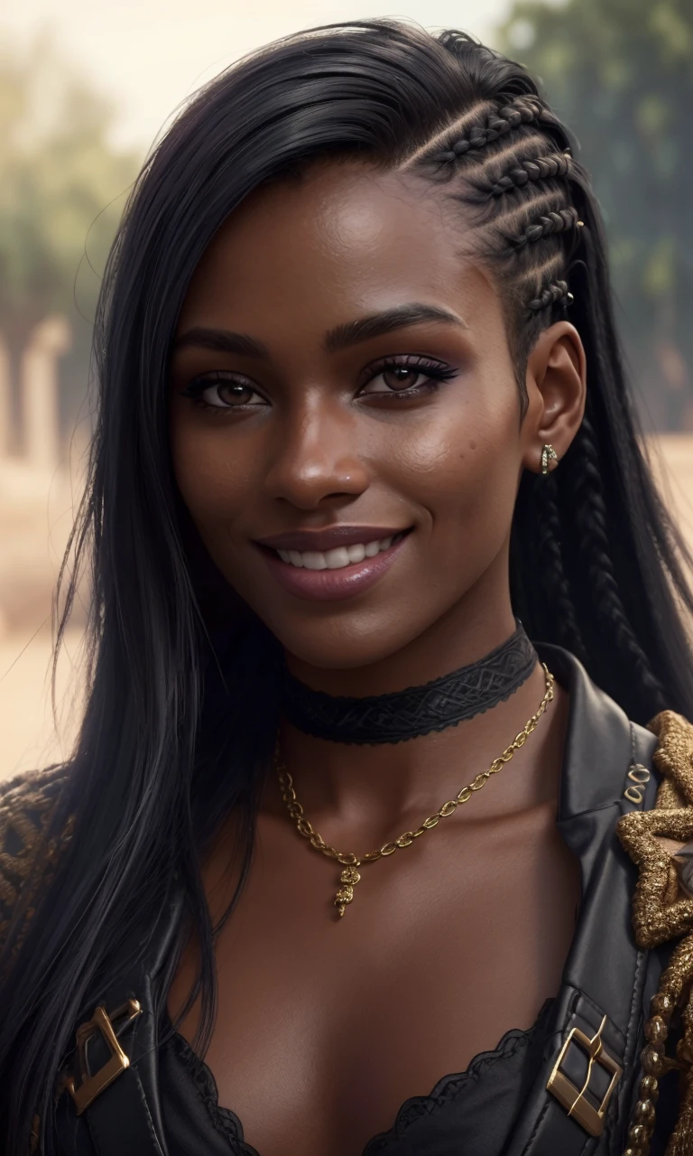 brundercut2024, 1girl, raven hair, photorealistic, best quality, masterpiece, raw image, depth of field, smile, detailed skin, uhd, 8k, detailed eyes, cinematic lighting, undercut, dark skin, african