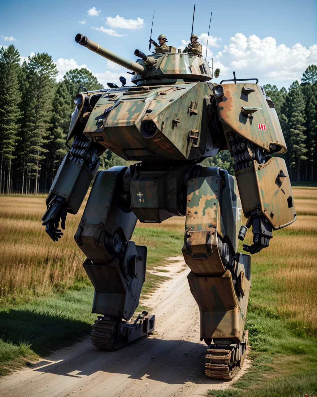 best quality,masterpiece,highly detailed,ultra-detailed, 
 world war one,german army,  day,forest, blue sky road,realistic, real real world location, franch country side
<lora:neg4all_bdsqlsz_V3.5:-1>     <lora:tankhead:1> tankhead,  mecha, military vehicle, no humans,robot, science fiction, cannon ,steampunk
   <lora:taskforce_v02:0.25> camouflage,