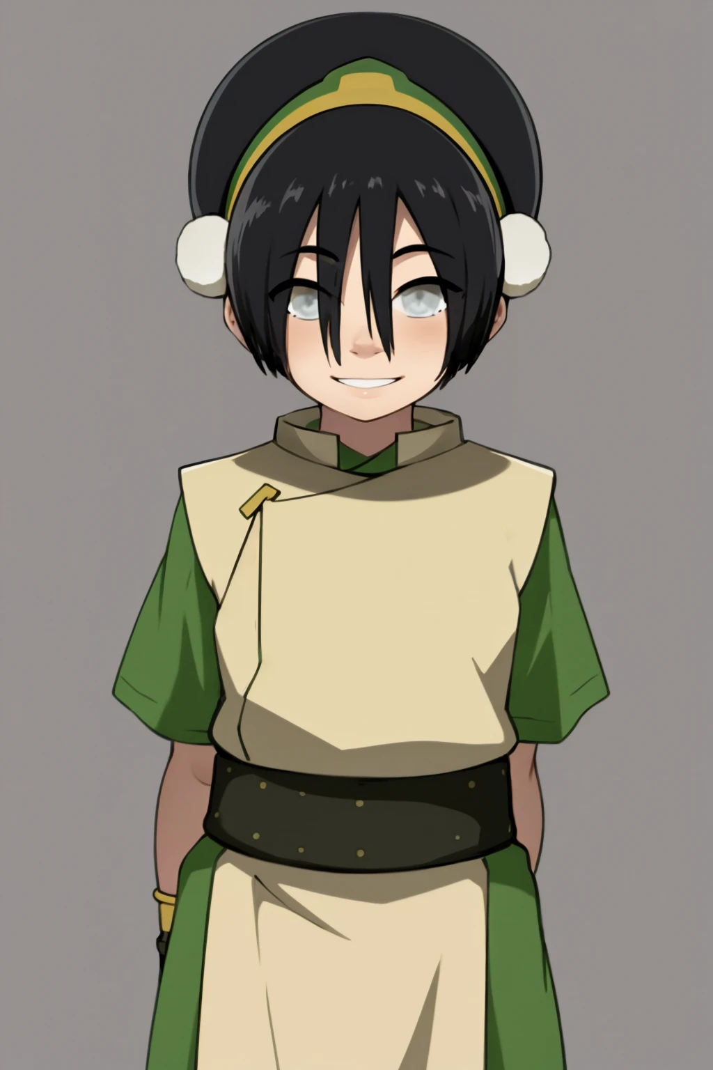 masterpiece, best quality,
1girl, toph, bangs, black hair, blind, grey eyes, hair between eyes, hair bun, hairband, short hair, short sleeves, tunic, chinese clothes,
arms behind back, smile, solo, looking at viewer, simple background    <lora:Toph:1>