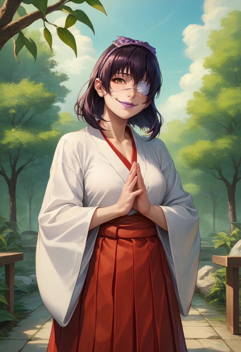 score_9, score_8_up, score_7_up, source_anime, solo, 1girl, ikishima midari, lipstick, purple lips, smile, looking at viewer, praying, hair bow, hairband, medical eyepatch, nontraditional miko, white kimono, wide sleeves, red hakama, hakama skirt, outdoors <lora:kakegurui_ikishima_ponyXL:1>