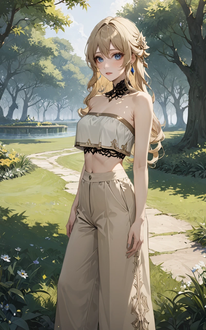 extreme detailed 1girl, masterpiece, ultra-detailed, an extremely delicate and beautiful, solo, navia /(genshin impact/), blue eyes, oversize beige trousers, grey strapless crop top, sleeveless, park, <lora:Navia_XL_LoRA:1>  <lora:Desolation:0.5> <lora:aesthetic_anime_v1s:0.6>