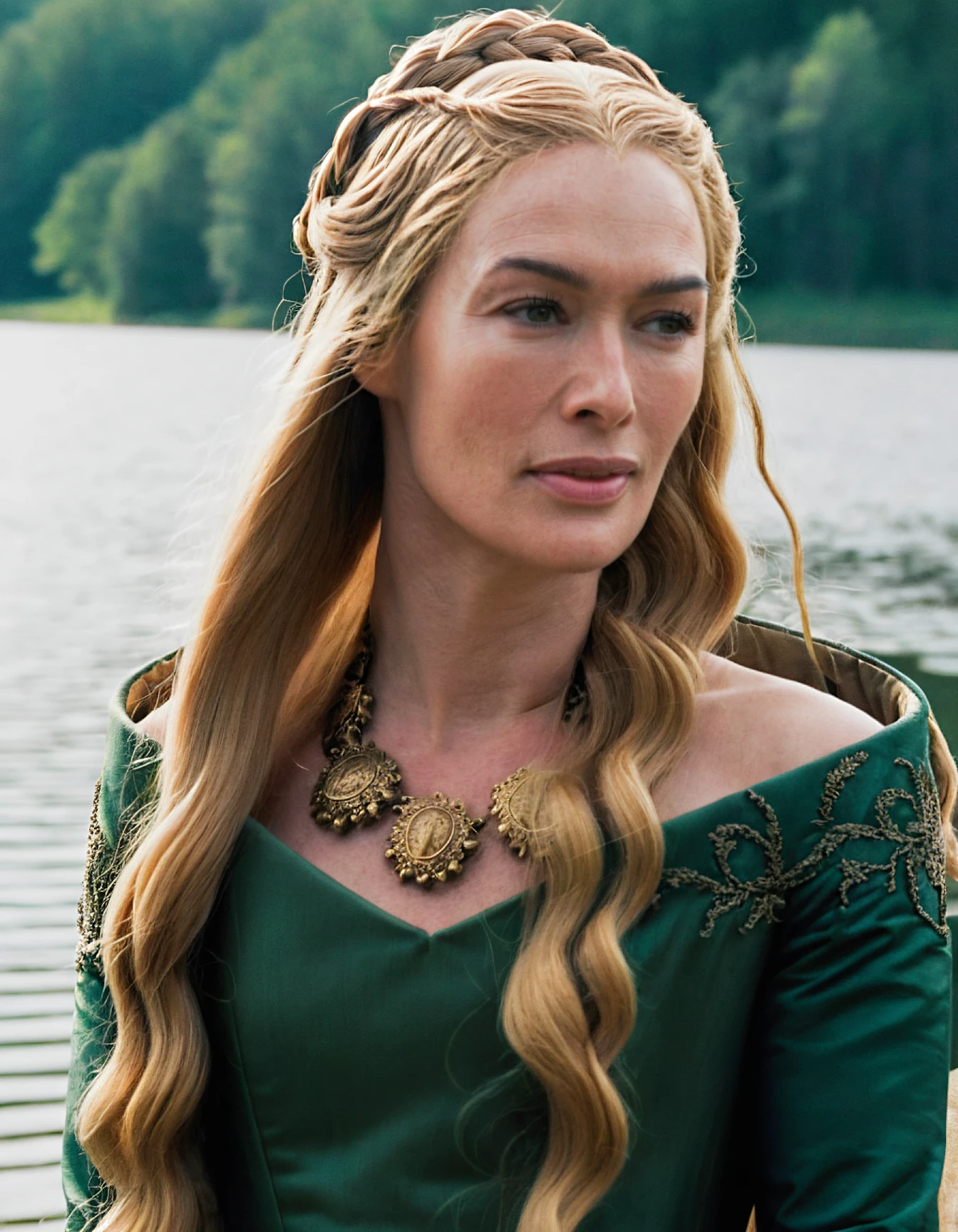 high resolution photo of crsi woman with long blonde hair,she is wearing green dress,close-up,at lake