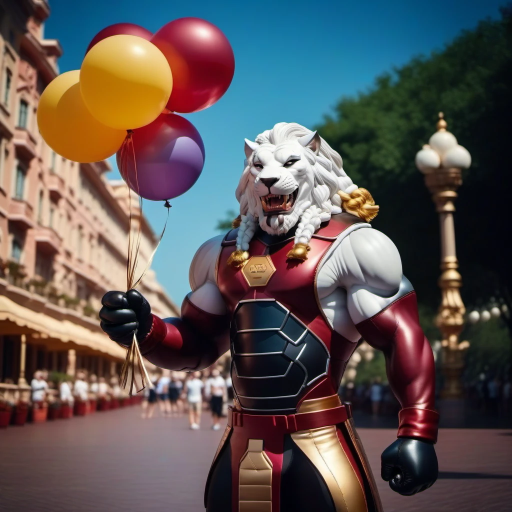 cinematic photo a full body anthromomorphic muscular lyon holds multicolor balloons at disneyworld <lora:BattleBeast1024:0.8> . 35mm photograph, film, bokeh, professional, 4k, highly detailed