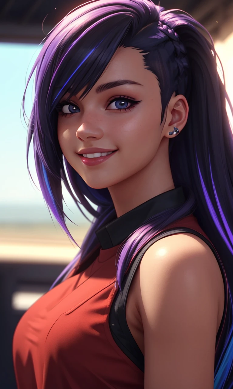 brundercut2024, 1girl, photorealistic, best quality, masterpiece,depth of field, smile, uhd, 8k, detailed eyes, cinematic lighting, undercut, anime style, vibrant colors