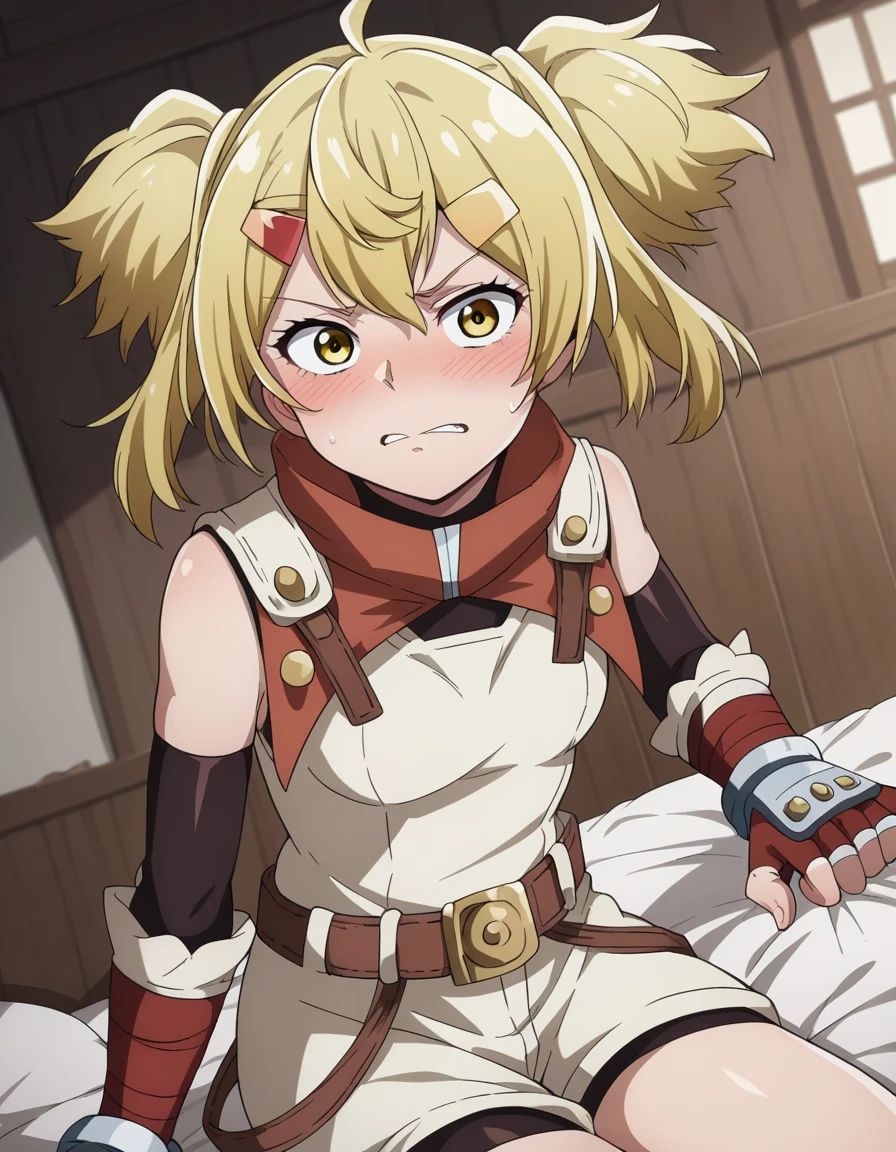 score_9, score_8_up, score_7_up, source_anime,
oikatzo, <lora:oikatzo-s1-ponyxl-lora-nochekaiser:1>,
oikatzo, blonde hair, hair ornament, twintails, yellow eyes, hairclip, short twintails,
gloves, belt, fingerless gloves, red gloves,
indoors, bed, bed room, on side, blush, drunk,
looking at viewer, dutch angle, cowboy shot,