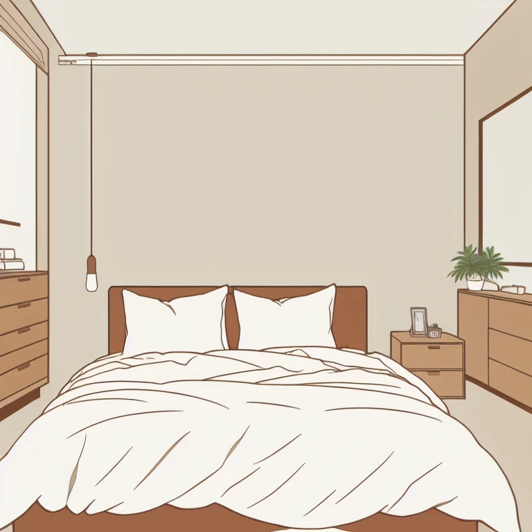 swwinf style, warm colors,neutral color palette,warm color palette,clean lines, manga style,minimalistic style, clear complexion,neutral clean background,(Bedroom, Soft and plush bedding, textured rugs, dresser)