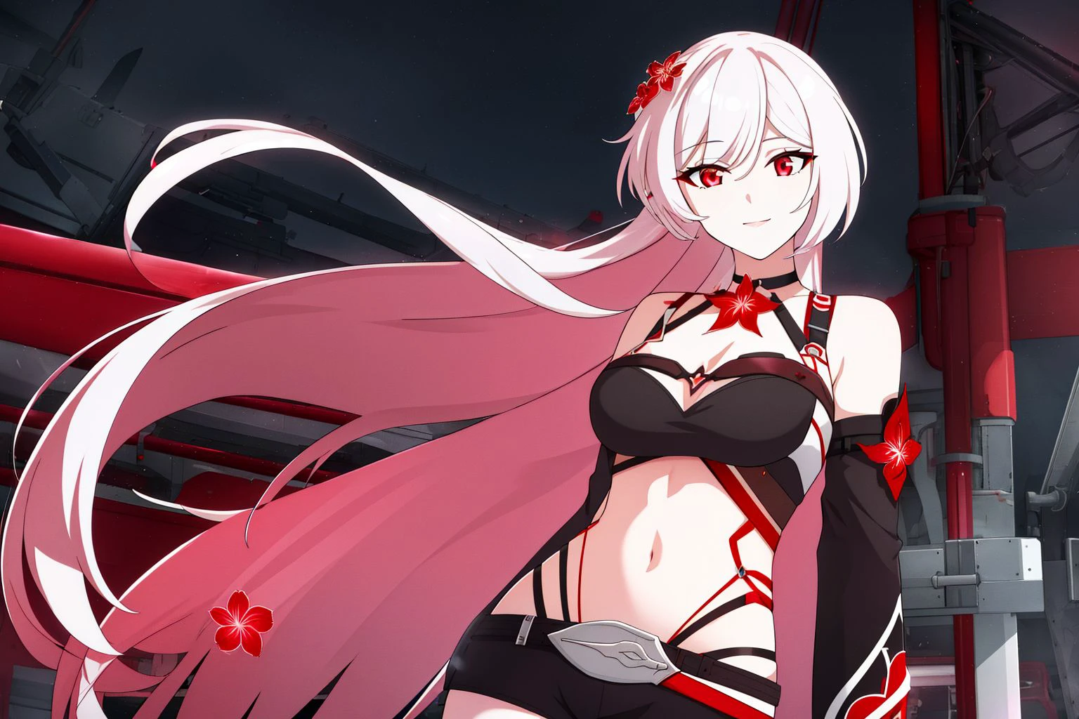 <lora:redacheron_SD:0.75> redacheron, light smile, 1girl, long hair, absurdly long hair,  white hair, red eyes, pale skin, medium breasts, cleavage, white bikini, black shorts, navel, midriff, red flower, honkai \(series\), 
BREAK
in shipyard, industrial, ship, day, overcast, storm, light shafts,