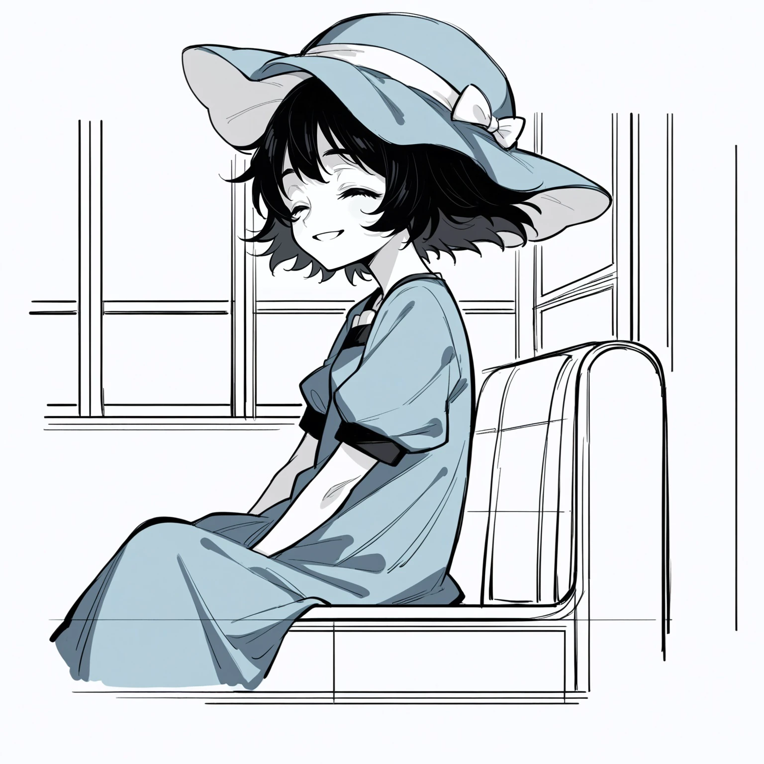 , score_9, score_8_up,score_7_up, source_ anime, horror \(theme\),  lineart, sketch, shiina mayuri, hat, blue dress, short sleeves, smiling, closed eyes, sitting on bus, looking at viewer, from side, solo,
<lora:Potat-lineart_sketch_v1-USENEG:-0.85>   <lora:steinsgate_shiina_ponyXL:0.8>,  <lora:ER-horror_v1:-2>