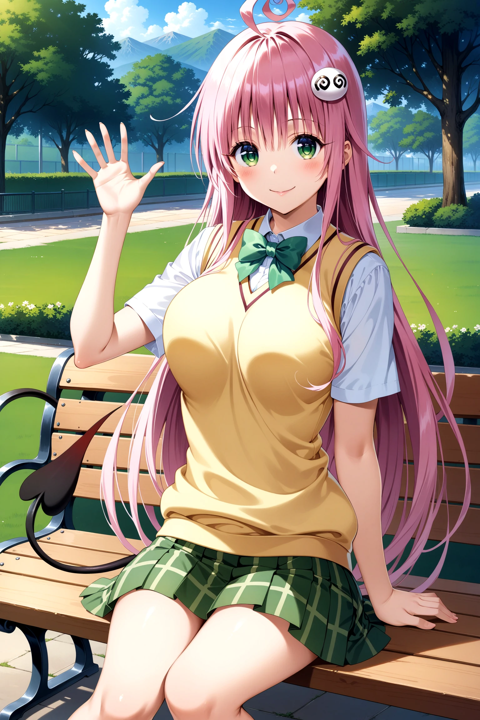 aalala, long hair, ahoge, hair ornament, green eyes, breasts, tail, school uniform, green bowtie, collared shirt, white shirt, sweater vest, yellow vest, short sleeves, plaid skirt, green skirt, <lora:lala_satalin_deviluke_xl(animagine)_v1:0.9>, sitting, bench, waving, smile, outdoors,
(masterpiece, best quality, very aesthetic, ultra detailed), intricate details, 4k,