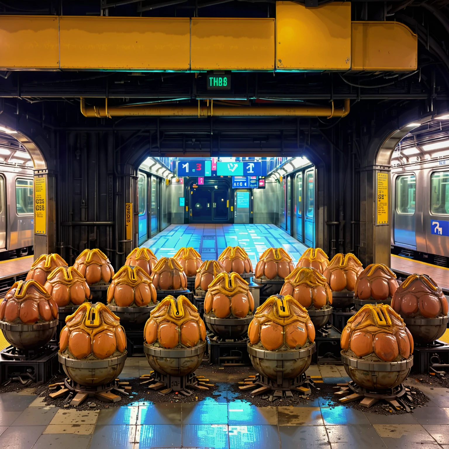 a cluster xenoeggs in a new york subway station