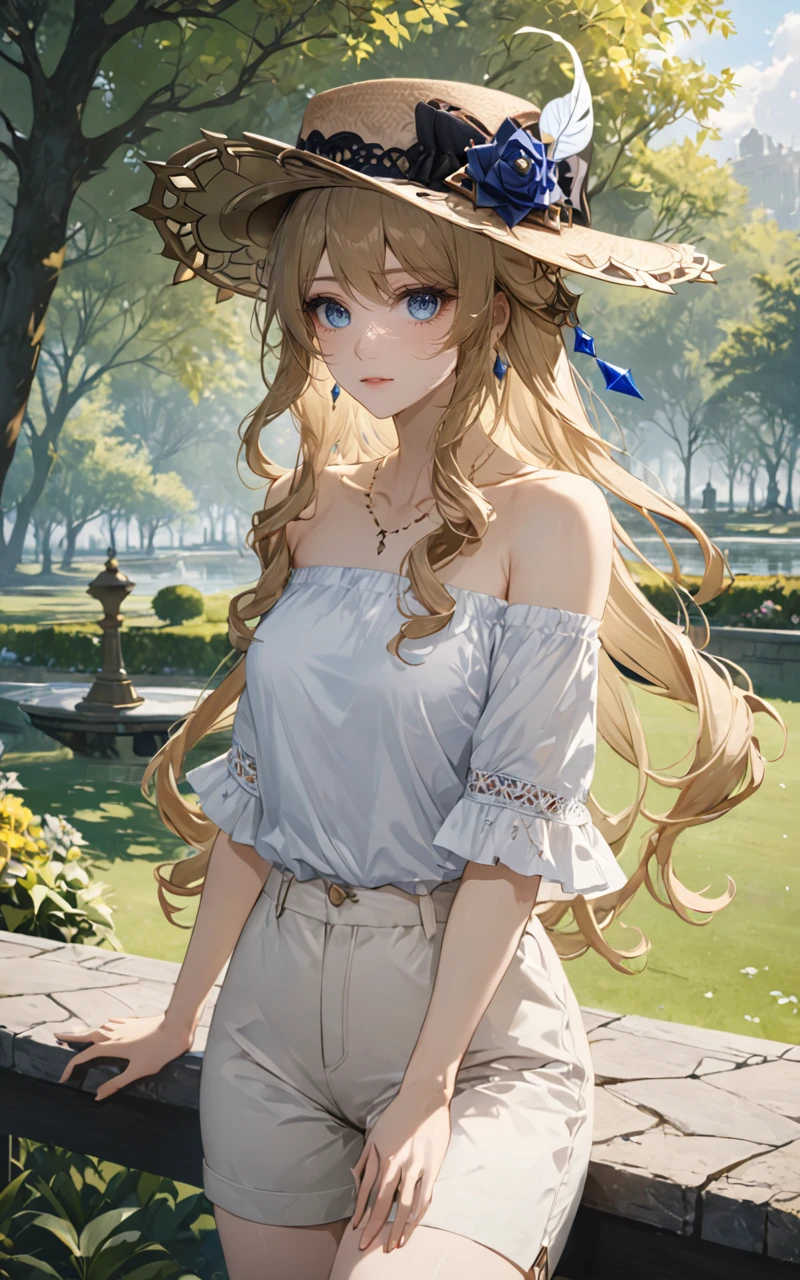 extreme detailed 1girl, masterpiece, ultra-detailed, an extremely delicate and beautiful, solo, navia /(genshin impact/), blue eyes, long hair, casual clothes, park, <lora:Navia_XL_LoRA:1>  <lora:Desolation:0.5> <lora:aesthetic_anime_v1s:0.6>