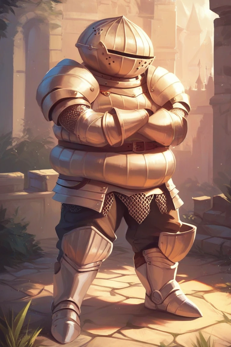 man, <lora:Siegmeyer of Catarina-000009:0.8>, siegmeyer_of_catarina,  castle, standing, lying on ground, zPDXL, score_9, score_8_up, score_7_up,