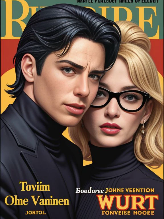 extremely detailed, incredibly absurdres, 
(Pulp Magazine cover,  Harlequin Romance Novel Style, english text, Adventure Font, text focus:1.2), Cover Art by Boris Valejo and Julie Bell, 
(multiple subjects, John Travolta and Uma Thurman, couple shot:1.2), Black Turtleneck Sweater, Wayfarer Sunglasses, 60s Mod Style Clothes, Pulp Fiction,