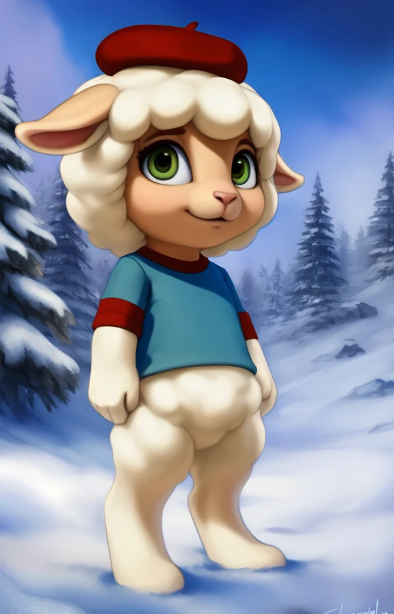 CloudMarshmallowTimes <lora:CloudMarshmallowTimes:1> [Forest, path, trees, sky clouds, mountains,]  red beret hat, elbow-length T-shirt, Blue T-shirt with red sleeves, sheep
textured fur, solo,  looking at viewer, to his full height,  (beautiful, aesthetic, perfect, delicate, intricate, masterpiece, )  chibi,   
by silgiriya mantsugosi, [[detailed Chunie lighting ]], [by personalami0.2], by cynicalstarr,