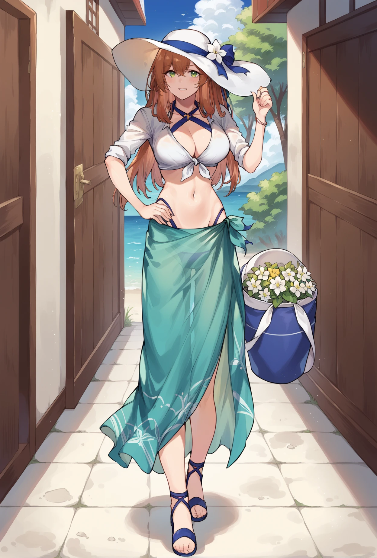 score_9, score_8_up, score_7_up, springswim,  1girl,  green eyes, auburn hair, <lora:springfield-pdxl:1>,   tied shirt, sarong, highleg bikini, large breasts, midriff, navel, white sunhat, sandals, white shirt, side locks, hat flower, hat ribbon, cross-cross halter, , hand on one hip