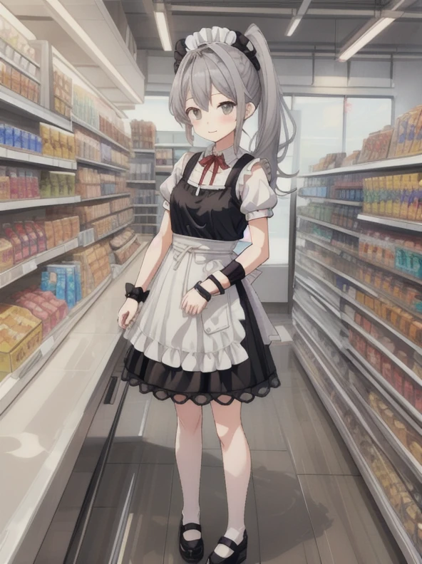 , <lora:Konbini_V4:.5> konbini , cashier, shop, indoors,convenience store, Bright interior <lora:add_detail:.5> <lora:Sonshitsuv2:0.5> sonshitsu,1 girl, grey hair, grey eyes, ahoge, side ponytail, maid , stockings, black shoes, maid wrist cuff, chest ribbon ,