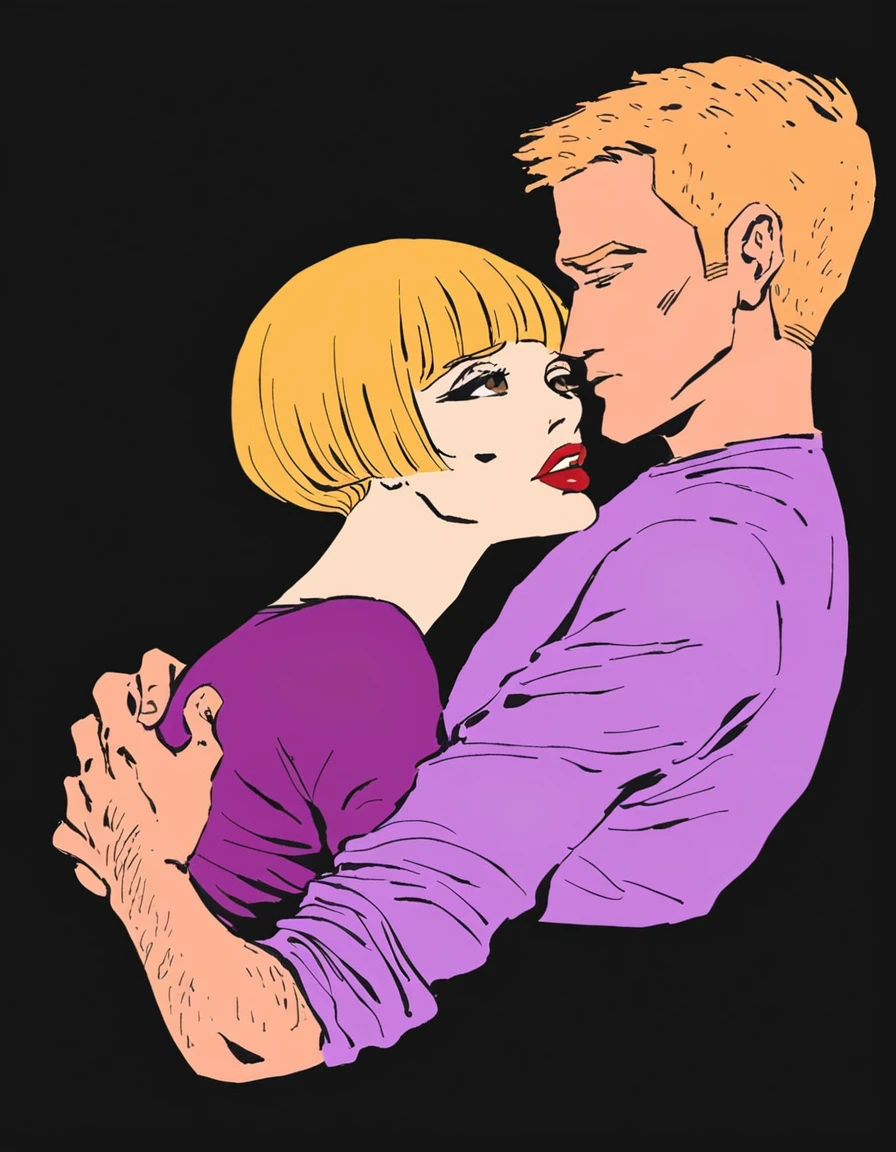 score_9, score_8_up, score_7_up, score_6_up, score_5_up, score_4_up, crepax, lineart, a woman with blunt bangs and a blonde man, embrace, caress, dark background, blue shirt, red lips, brown eyes, flat color