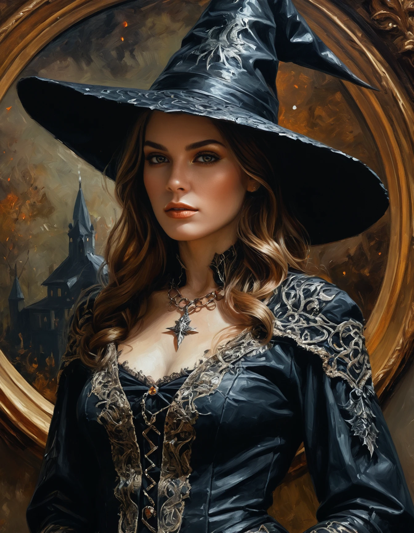 oil painting of young witch woman, perfect face, high detailed provoking clothes, dramatic, extremely detailed, intricate, elegant