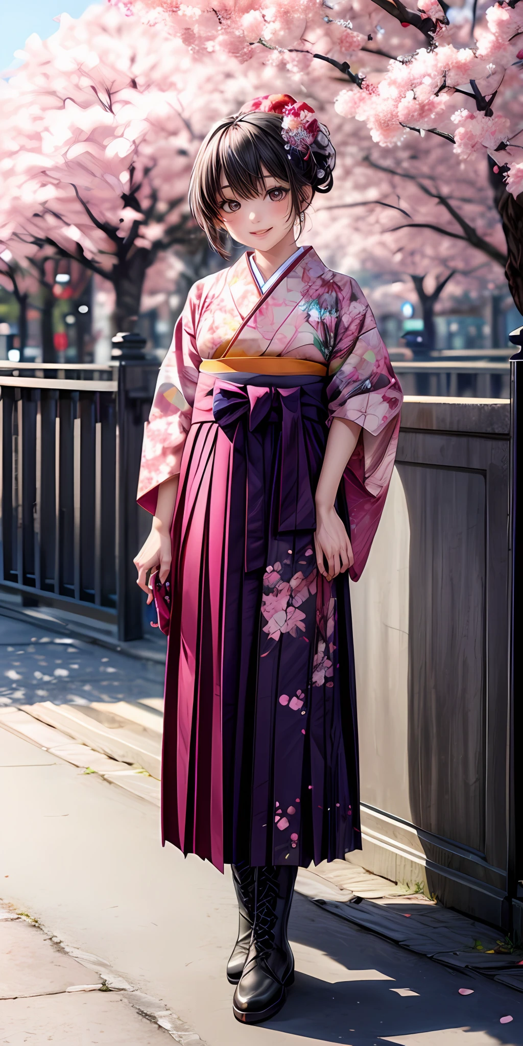 (masterpiece,ultra-detailed,best quality,8K,CG,illustration,shaved:1.0),(ite girl:1.0) <lora:more_details:1>, simple background,
<lora:jyoji fuku v16.0:0.4> jyojifuku, furisode, hakama, floral print, hair ornament, boots, flower,,cherry blossom,outdoor,smile