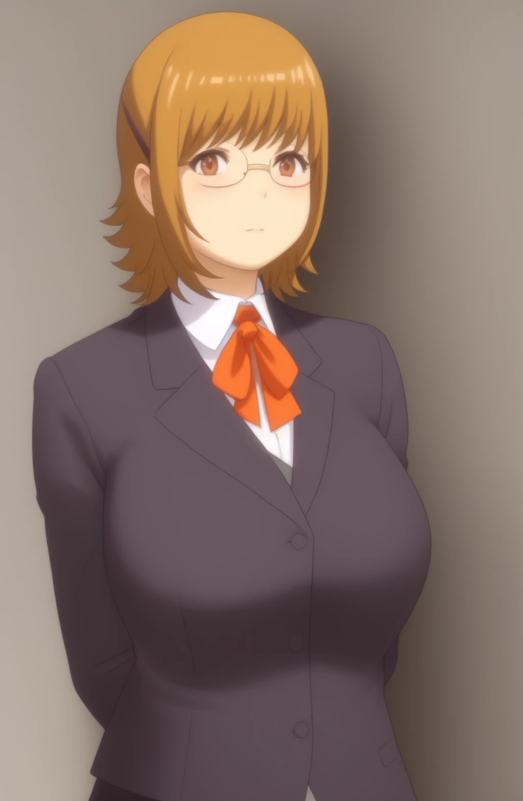 Momota Kaedeko \(Junjou Decamelon\), masterpiece, best quality, 1girl, brown eyes, orange hair, glasses, hair clip, school uniform \(Junjou Decamelon\), JACKET|white collared shirt,, huge breasts, closed mouth, looking at viewer, shirt, short hair, background: Exotic savannah grassland , solo, upper body,,<lora:Momota-Kaedeko_(Junjou-Decamelon):0.9>