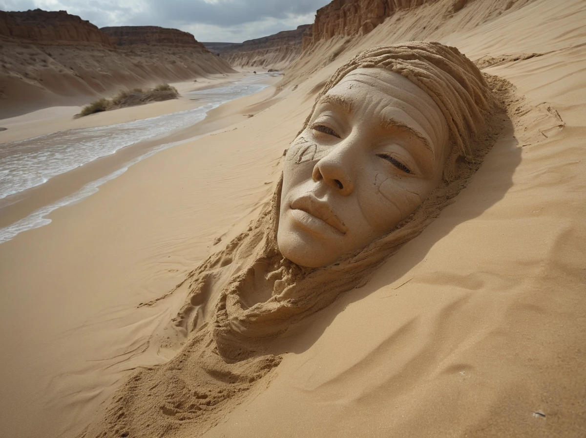 Narrow canyon in the middle of the desert,a sand tornado,(with a face in it:1.4),(storm of sand:1.4),rolling waves of sand