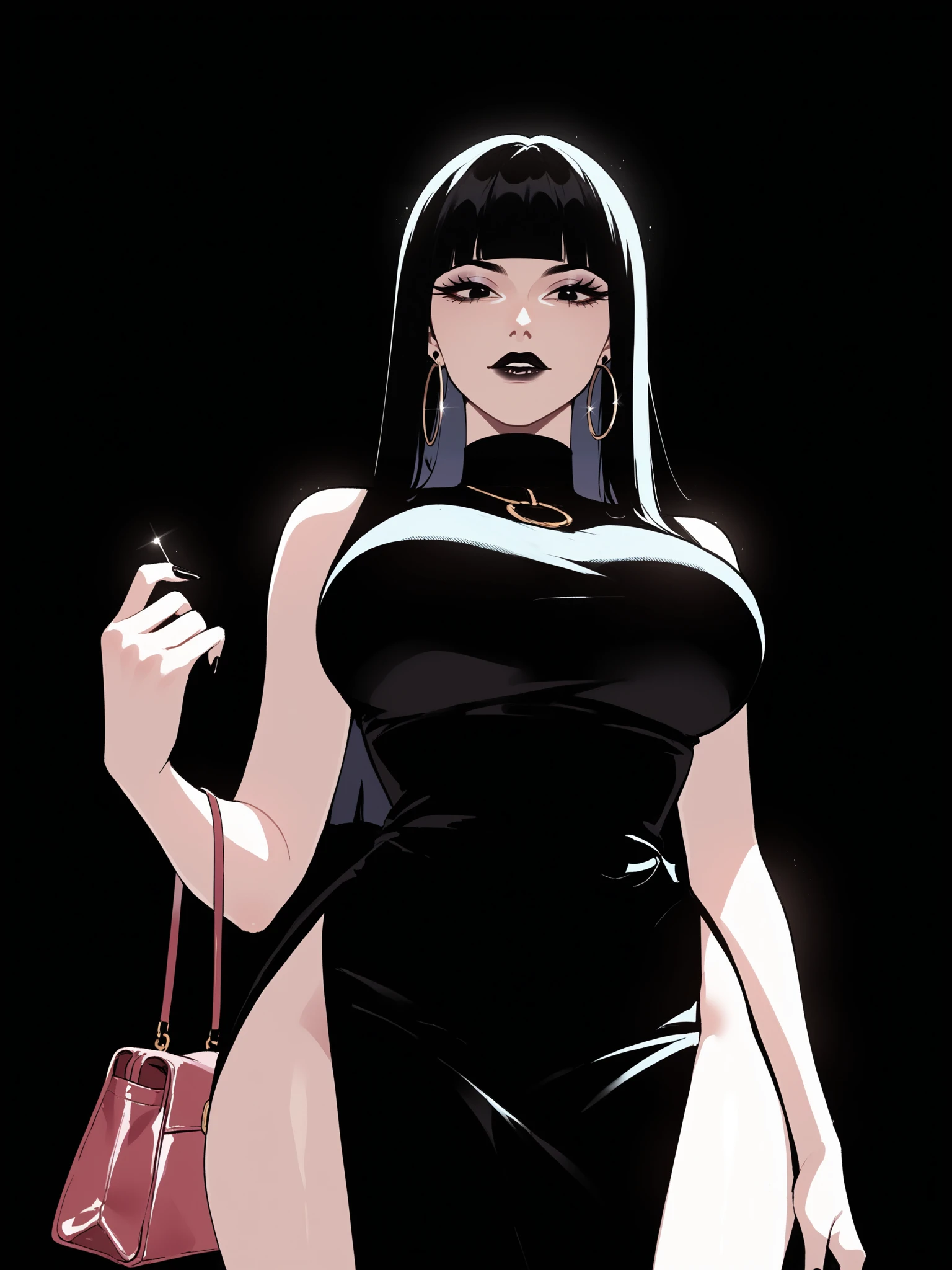 score_9, score_8_up, score_7_up, score_6_up, score_5_up, score_4_up,
BREAK
1girl, black hair, hime cut, blunt bangs, straight hair, black eyes, long eyelashes, hoop earrings,
BREAK
solo, from below, black dress, large breasts, side slit, holding purse,
BREAK
black background, dark, simple background, <lora:Lunas-Nyantcha-Thiccwithaq-SDXL-A1:1>