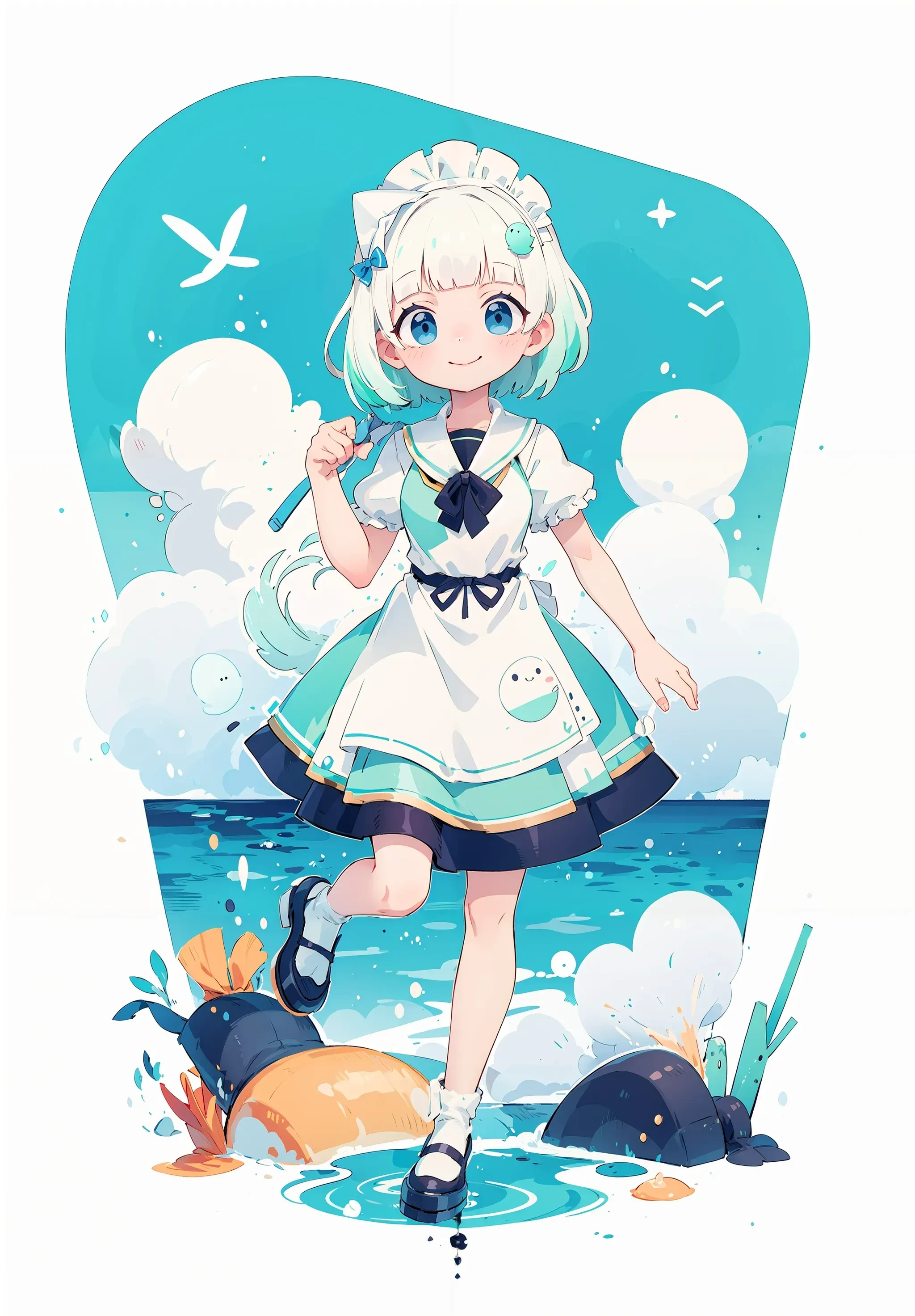 best quality,
mint fantome \(sailor\),
maid headdress, white hair, gradient hair, short sleeves,
sailboat, ocean, dawn, full body,apron, smile, simple background
<lora:char_mintfantome-sd15:1>