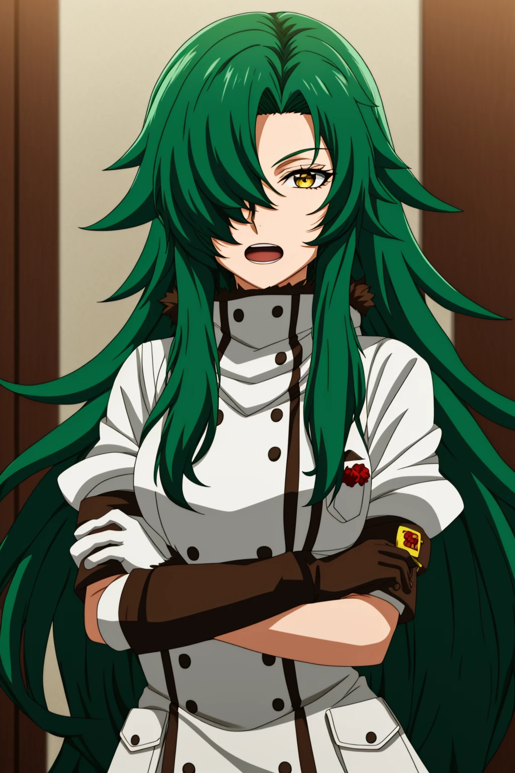 sysdeep_rose, 1girl, solo, long_hair, breasts, looking_at_viewer, open_mouth, gloves, brown_eyes, very_long_hair, yellow_eyes, green_hair, puffy_sleeves, white_gloves, hair_over_one_eye, crossed_arms