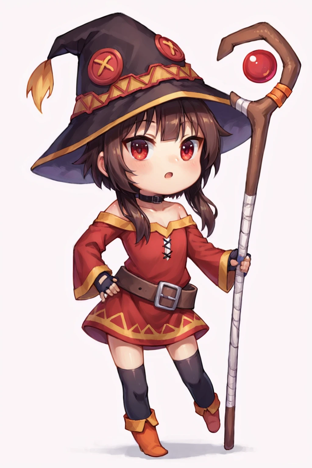 score_9, score_8_up, score_7_up, source_anime, highly detailed, 1girl,  megumin, chibi,  hat, witch hat, brown hair, staff, short hair with long locks, red eyes, black choker, collarbone, flat chest, off-shoulder dress, dress, red dress, long sleeves, black gloves, fingerless gloves, belt, brown belt, gold trim, asymmetrical legwear, mismatched legwear, bandaged leg, black thighhighs, simple background, white background,  <lora:justduet_SDXLPONY_r70_768_dim32-a4-adamW-000009:0.7>, <lora:MeguminWinter:0.2>,