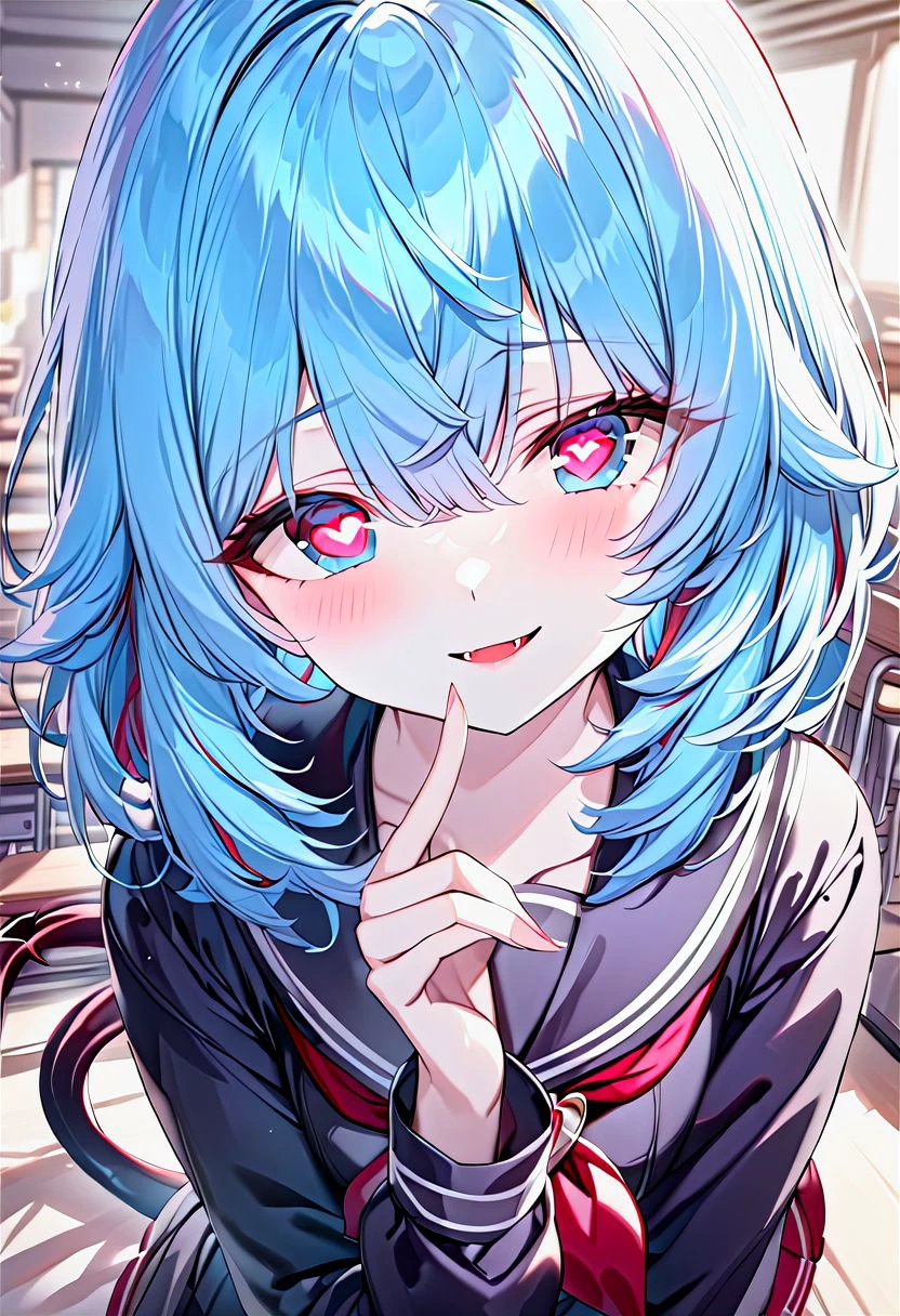 <lora:detail_fingers:1.6>,
(twin girls, red and blue hair, anime style, top down, classroom, blurred background), (school sailor uniform, hand on lips, empty eyes, short hair, evil smile, fangs, devil's tails:1.15), (heart-shaped pupils, heart-shaped pupils,heart-shaped pupils:1.4),
(detai_fingers:1.3), (detailed beautiful girls, detailed beautiful eyes, detailed beautiful hair:1.3),
(stunning quality, excellent quality, masterpiece, clear work, detailed work, meticulous work:1.45),