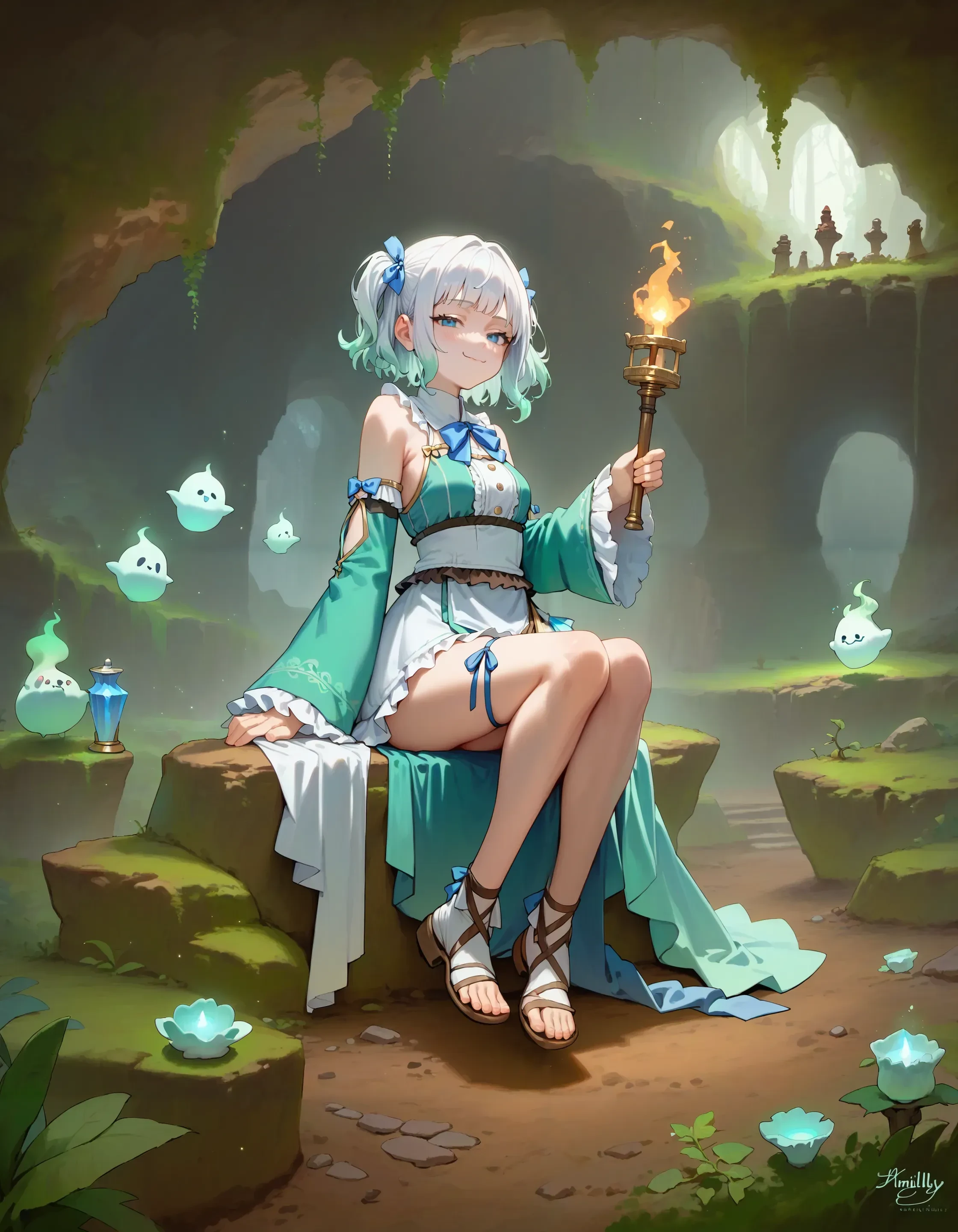 score_9, score_8_up, score_7_up,
1girl, mint fantome \(frillly\), white hair, gradient hair, blue eyes,
light particles, sleeves past fingers,
cave, rock, moss, smug, holding torch, leg ribbon, detached sleeves, ghost,
best quality, masterpiece, full body
<lora:char_mintfantome-v2-pony_1_res:1> <lora:style_oilpainting:1>