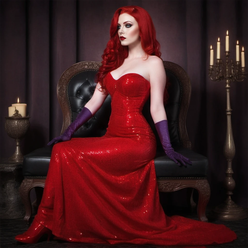 Gothic style a full body redhead woman wears a red longdress  <lora:JR1024:0.8> . Dark, mysterious, haunting, dramatic, ornate, detailed