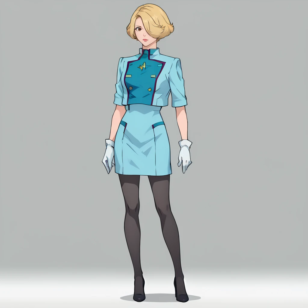 <lora:MaceFlowerXLpony001>,
solo,
MaceFlower,1girl,blonde hair,short hair,hair over one eye,brown eyes,
uniform,dress,blue jacket,cropped jacket,
white gloves,
tight skirt,blue skirt,black pantyhose,
high_heels,
full body,standing,
