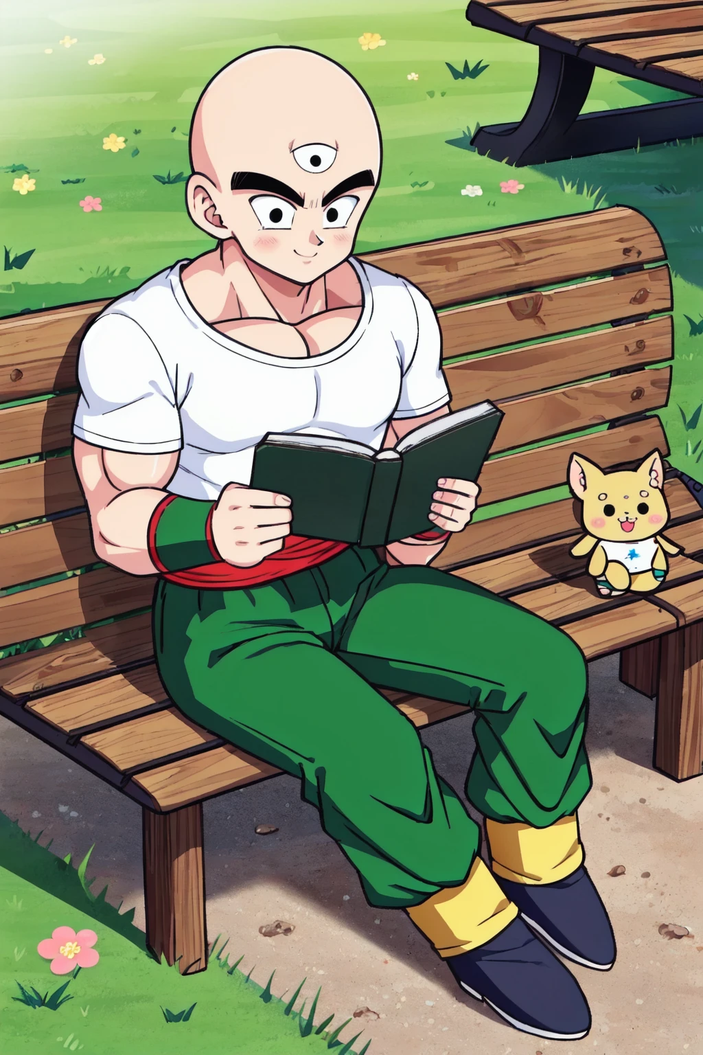tien, solo, male focus, 1boy,kawaii,chibi, bald, black eyes, muscular male,full body,white t-shirt, green wristband,red sash, green pants, yellow leg warmers, black flats, third eye, sitting,smile,grass, sky, bench, reading book,(best quality, masterpiece) <lora:tien_v2:1>