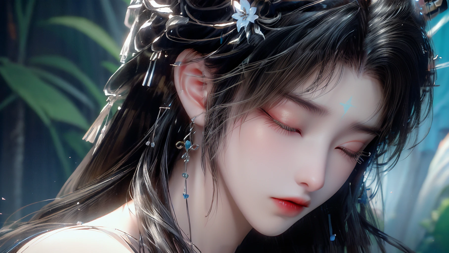 <lora:QingYi:1>,<lora:Freehand_Brushwork:0.4>,
qingyi,1girl,closed eyes,hair ornament,black hair,kaminary,solo,long hair,electricity,lips,lightning,hair flower,(topless:1.3),forehead mark,upper body,facial mark,closed mouth,bare shoulders,water,flower,Get an electric shock,completely nude,<lora:Add More Detailsç»èè°æ´:0.5>,, best quality , masterpiece, illustration, an extremely delicate and beautiful, extremely detailed ,CG,unity,8k wallpaper, Amazing, finely detail, masterpiece, best quality,official art,extremely detailed CG unity 8k wallpaper,absurdres, incredibly absurdres, huge filesize , ultra-detailed, highres, extremely detailed,beautiful detailed girl, extremely detailed eyes and face, beautiful detailed eyes,light on face,