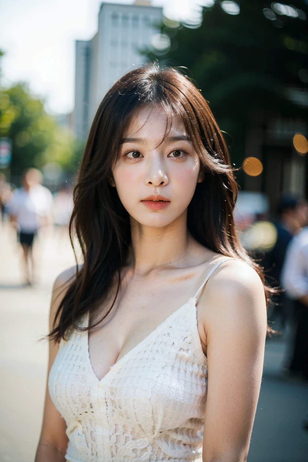 ((Midnight, Best quality, 8k, Masterpiece :1.3)), (realistic, photo-realistic:1.37), (ultra high res:1.2),(RAW photo:1.2), (sharp focus:1.3), (face focus:1.2), full body, (A extremely cute and pretty woman with perfect figure :1.4), (Slender abs :1.1), ((chestnut wavy hair:1.2)), ((Large breasts :1.25)), (White tight sleeveless turtle shirt:1.3), (denim shorts:1.3), Standing, ((Night city view, Rooftop:1.3)), Highly detailed face and skin texture, Detailed eyes, Double eyelid, (pale skin:1.3), bokeh, depth of field, looking straight the viewer,