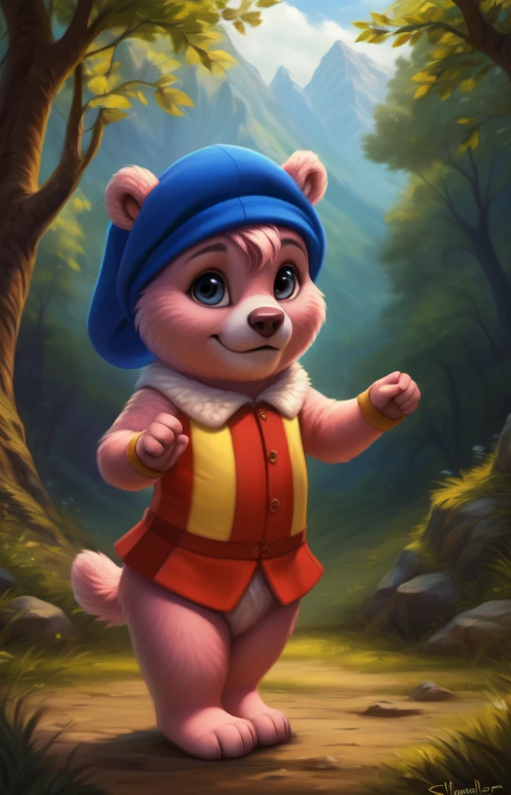 CubbiGummiCartoon  <lora:CubbiGummiCartoon:0.75>  Blue hat, feather on hat with button, Red-yellow blouse,, pink wool, chibi, baby, child, bear smal tail, without pants,
[Forest, path, trees, sky clouds, mountains,] textured fur, solo,  looking at viewer, to his full height,  boy male,  wristband on the tail,
by silgiriya mantsugosi, [[detailed Chunie lighting ]], [by personalami0.2], by cynicalstarr,