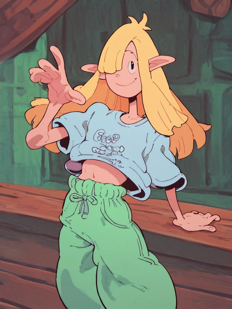 <lora:NickyPony1.0:0.9> NickyP, green pants, baggy clothes, 1girl, blonde hair, solo, pointy ears, shirt, long hair, hair over one eye, elf, short sleeves smile,looking at viewer, score_9, score_8_up, score_7_up, score_6_up,toon \(style\),  zPDXLxxx,