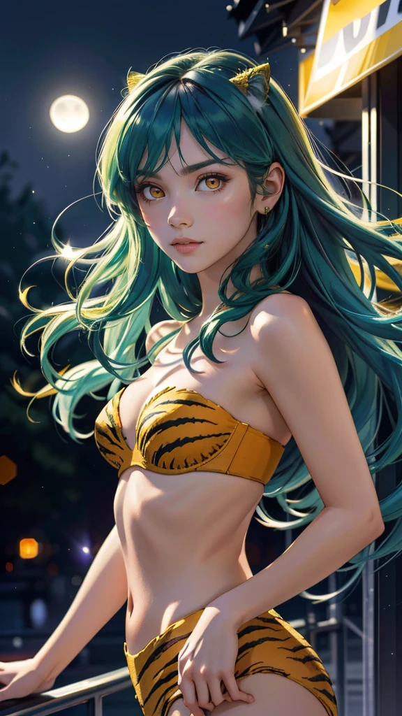 (best quality, masterpiece, colorful, dynamic angle, realistic)\Lum\, upper body photo, fashion photography of cute, intense long green hair, orange eyes, tiger print, strapless bikini, yellow boots, yellow little horns, small horns, \Lum\, <lora:lum4:0.6> (ultrahigh resolution textures), in dynamic pose, bokeh, (intricate details, hyperdetailed:1.15), moonlight passing through hair, perfect night, (fantasy background), (official art, extreme detailed, highest detailed), HDR+