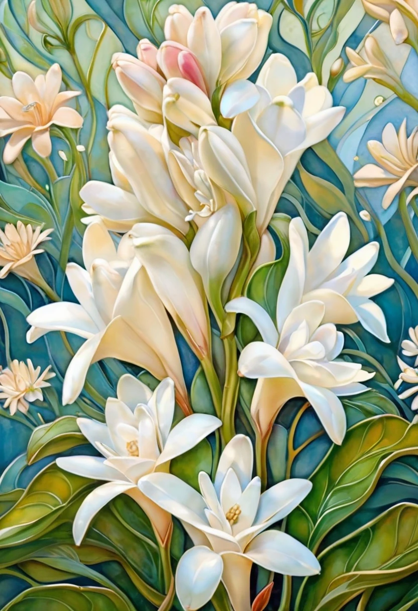 art nouveau style (art nouveau painting:1.2), close-up of (a blooming pearltbrs plant:1.1), in sunny garden . elegant, decorative, curvilinear forms, nature-inspired, ornate, detailed, Art Nouveau, beautiful art, (art nouveau painting:1.2), close-up of (a blooming pearltbrs plant:1.1), in sunny garden, sleek, organic forms, long, sinuous, art nouveau style, (art nouveau painting:1.2), close-up of (a blooming pearltbrs plant:1.1), in sunny garden, peaceful, relaxed, magic, lucid, attractive, highly detailed, intricate, lovely, stunning, symmetry, perfect, romantic, divine, delicate, illuminated, beautiful, epic, best, cinematic, artistic