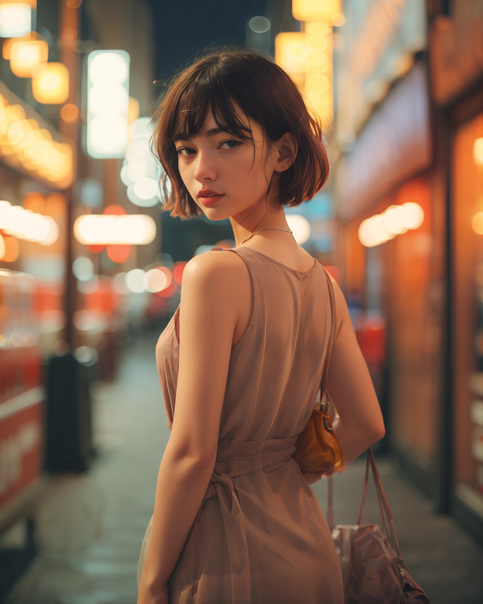 1girl, bag, blurry, blurry background, city, city lights, depth of field, dress, night, photo \(medium\), photo background, sleeveless, solo, water, bokeh, night, short hair, solo
<lora:Polaroid_Vision:0.7>