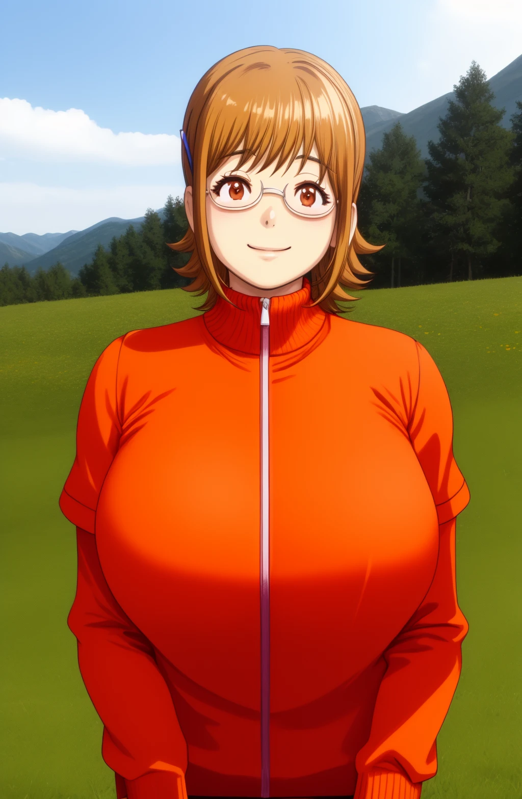 Momota Kaedeko \(Junjou Decamelon\), masterpiece, best quality, 1girl, smile, brown eyes, orange hair, glasses, hair clip, tracksuit, huge breasts, closed mouth, looking at viewer, short hair, background: Pristine alpine meadow , solo, upper body,,<lora:Momota-Kaedeko_(Junjou-Decamelon):1>