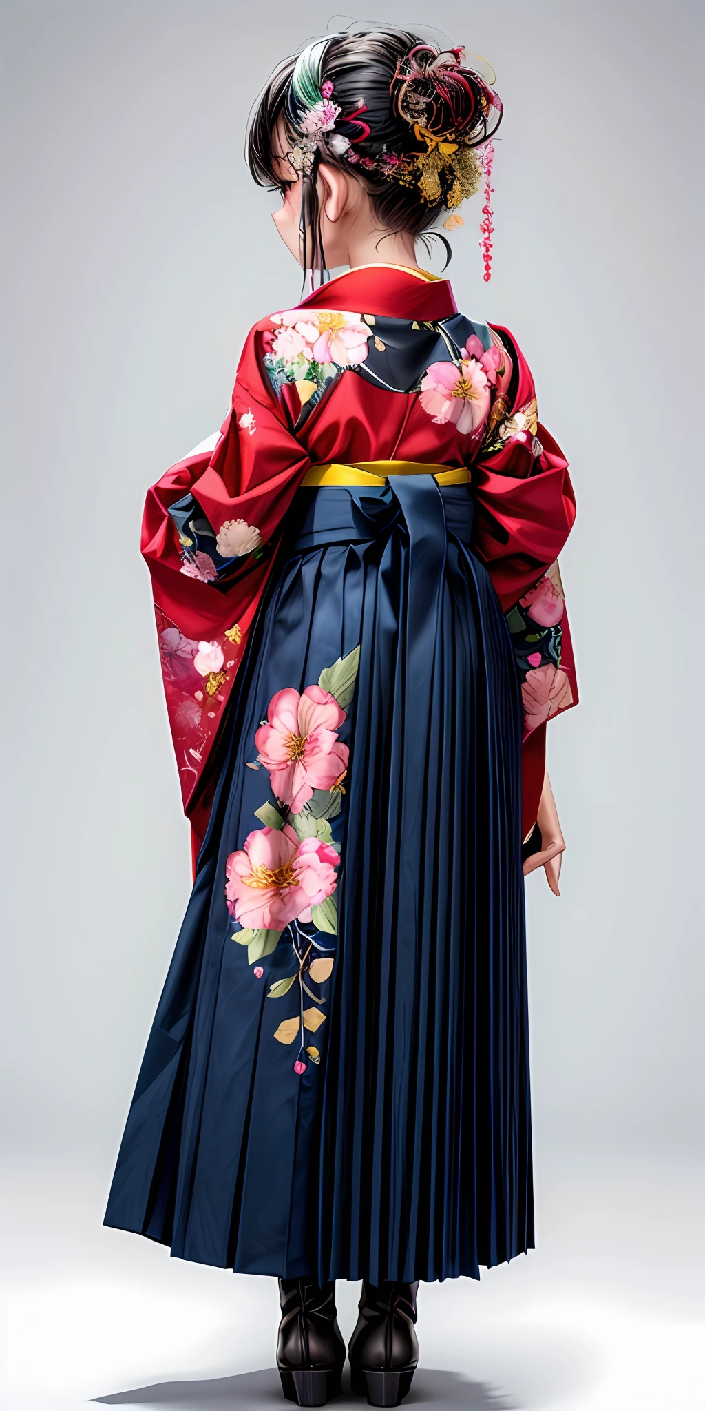 (masterpiece,ultra-detailed,best quality,8K,CG,illustration,shaved:1.0),(ite girl:1.0) <lora:more_details:1>, simple background,
<lora:jyoji fuku v16.0:0.6> jyojifuku, furisode, hakama, floral print, hair ornament, boots, flower,from behind