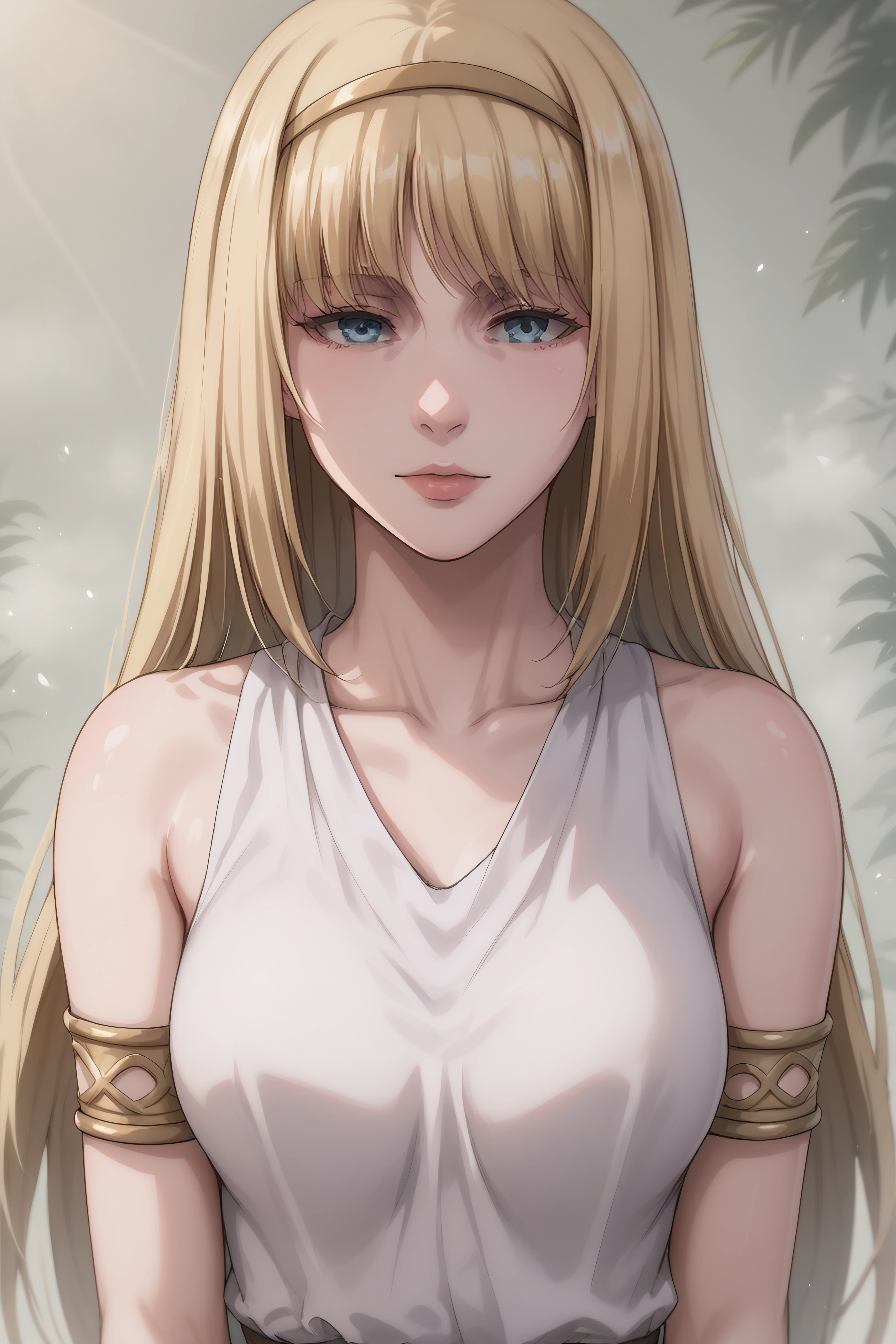 score_9, score_8_up, score_7_up, BREAK source_anime, <lora:Ymir Fritz-PonyXL-lora-faxtron:0.8> ymir fritz, blue eyes, blonde hair, long hair, medium breasts, armlet, bare shoulders, hairband, long white tunic,